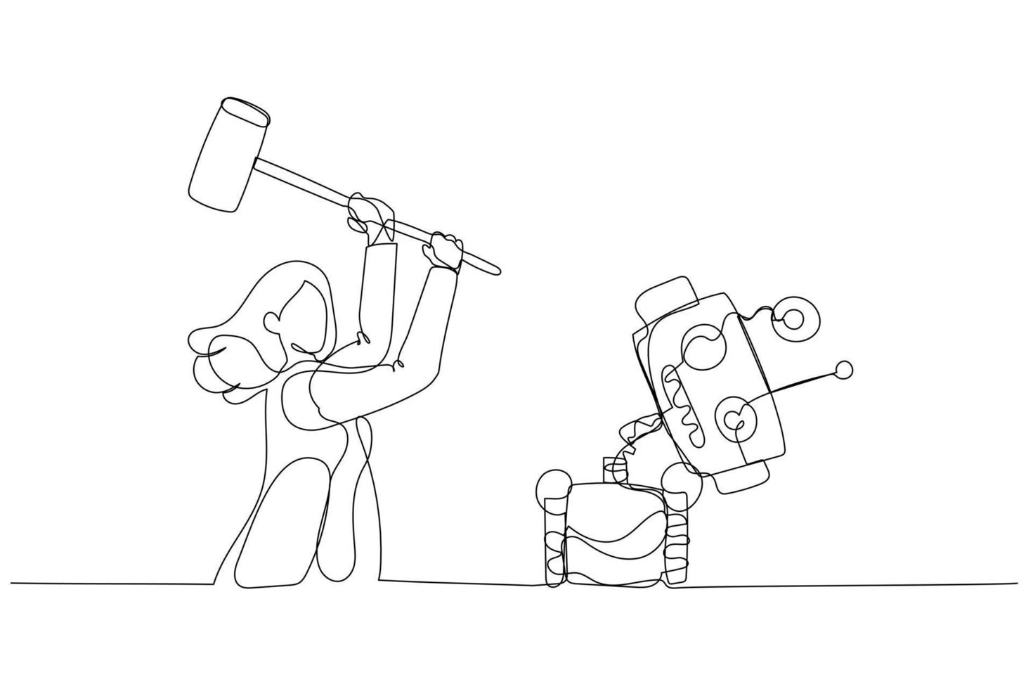 Cartoon of businesswoman destroying robot with hammer. Concept of human resource vs AI artificial Intelligence. Single line art style vector