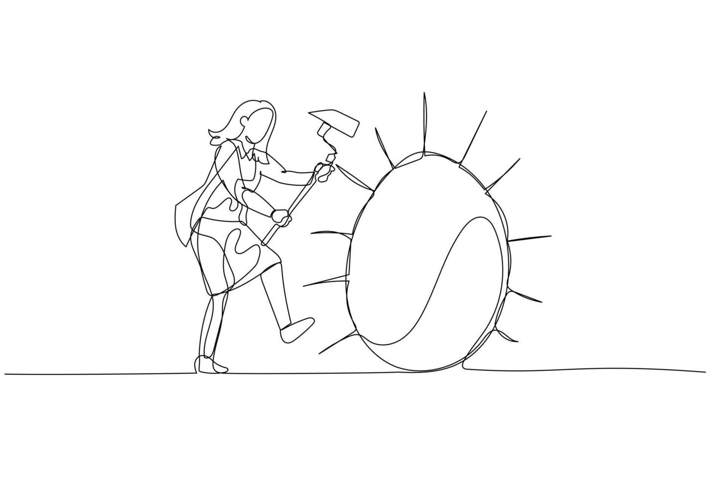 Cartoon of businesswoman try to hit giant golden egg. Concept of business success and tough luck. Single continuous line art vector