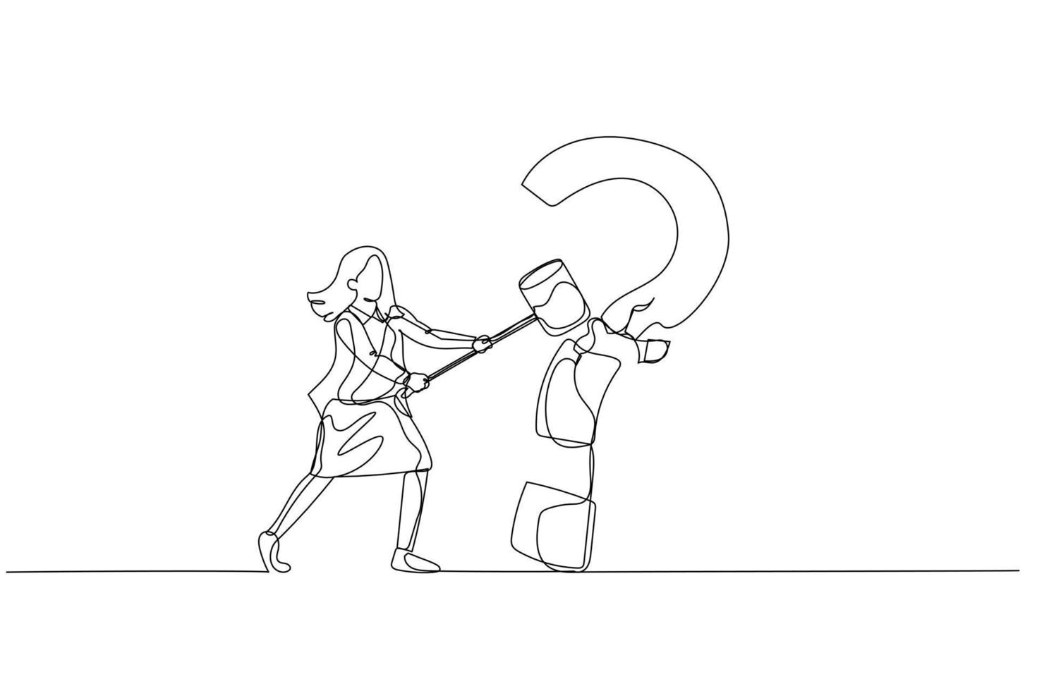 Cartoon of businesswoman with hammer hit question mark sign. Concept of problem solving. Single line art style vector
