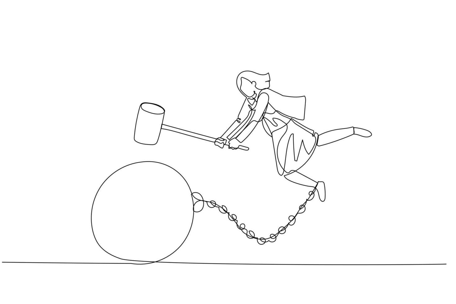 Drawing of businesswoman smash chain steel ball with hammer. Concept of break free. One line style art vector