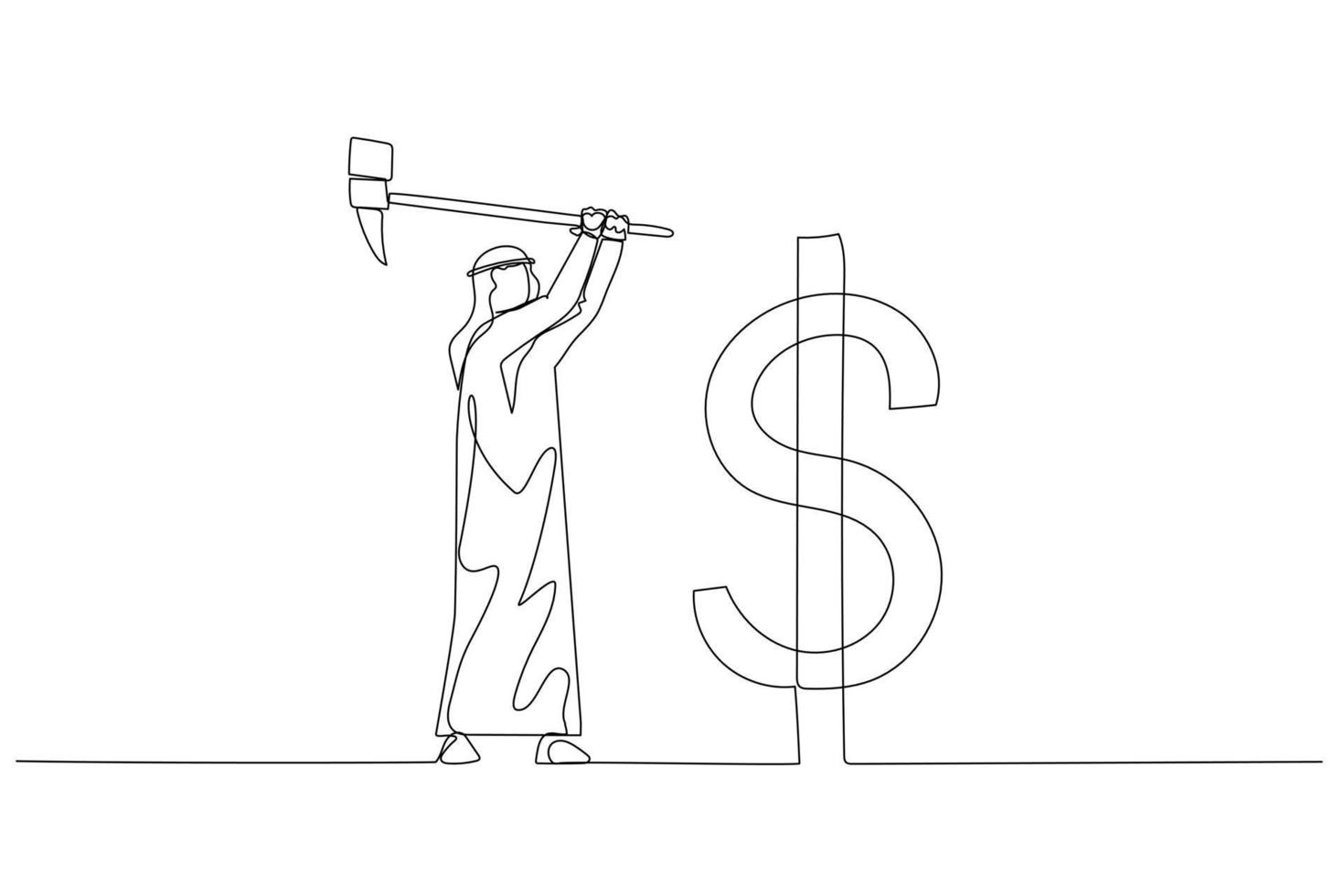 Illustration of arab businessman with hammer hit dollar sign USD sign. Concept of money market. One line art style vector