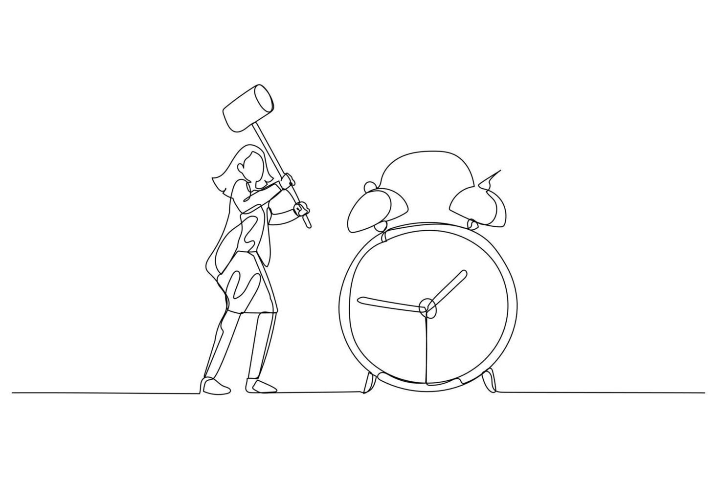 Drawing of businesswoman with hammer try to break alarm clock. Concept of deadline. Single continuous line art style vector