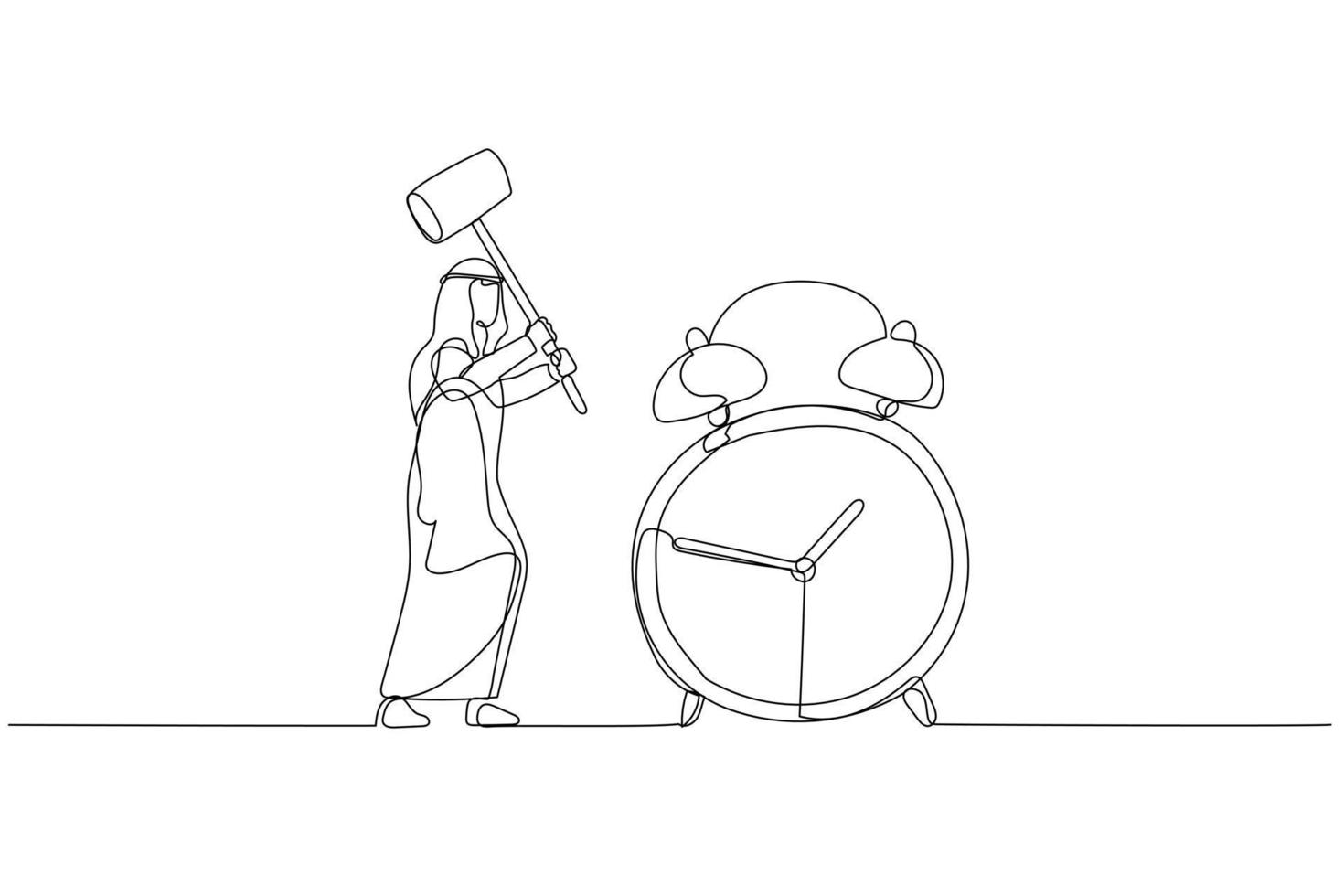 Cartoon of arab businessman with hammer try to break alarm clock. Concept of deadline. Single continuous line art vector