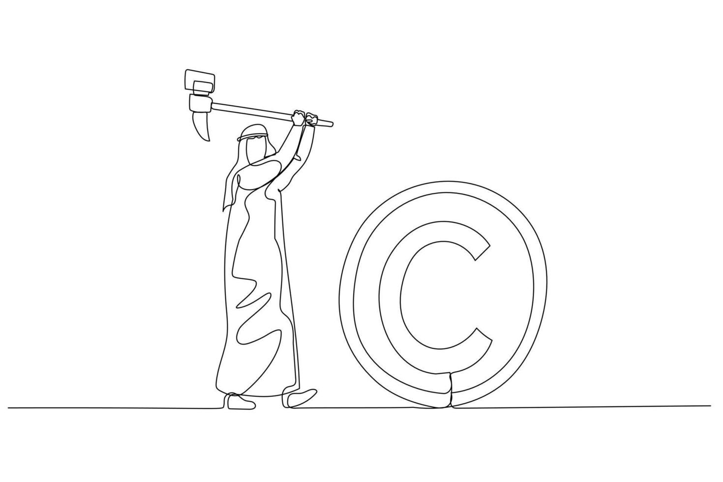 Cartoon of arab businessman with hammer try to smash COPYRIGHT sign. Concept of copyright infringement. Continuous line art vector