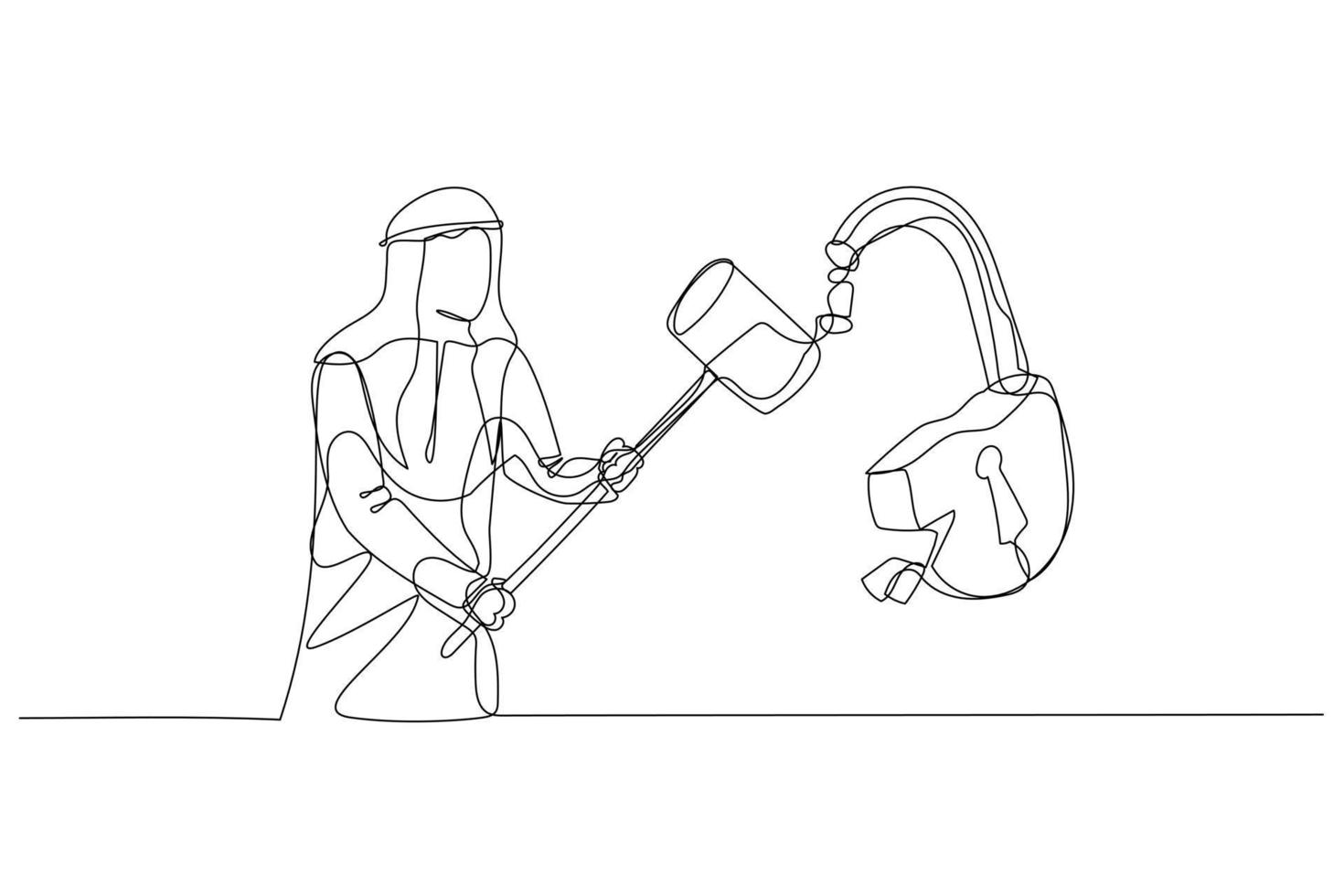 Drawing of arab businessman with hammer smash padlock. Concept of problem solving. Single line art style vector