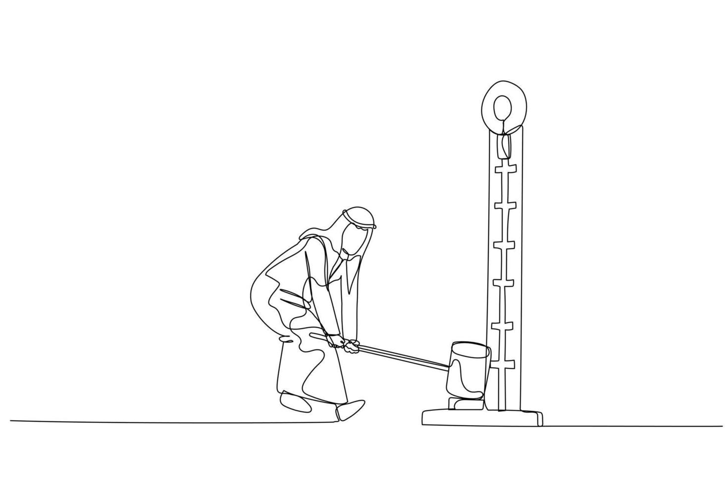 Cartoon of arab businessman hitting strength measurement tool. Concept of power estimation. One line art style vector