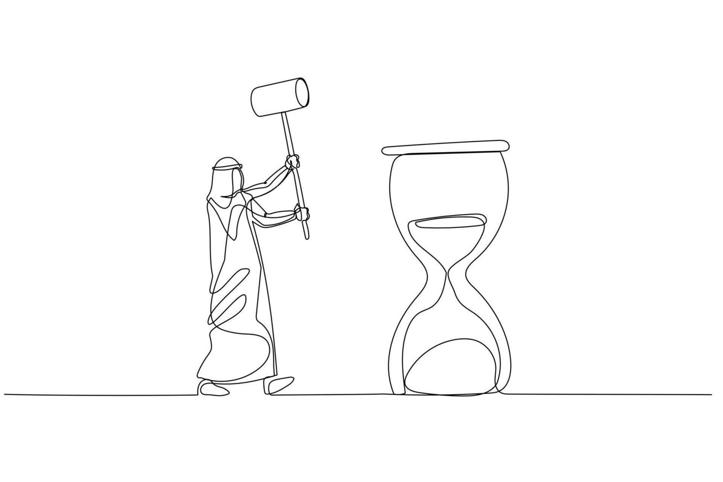 Drawing of arab businessman with hammer try to hit hourglass. Concept of time management. Continuous line art style vector