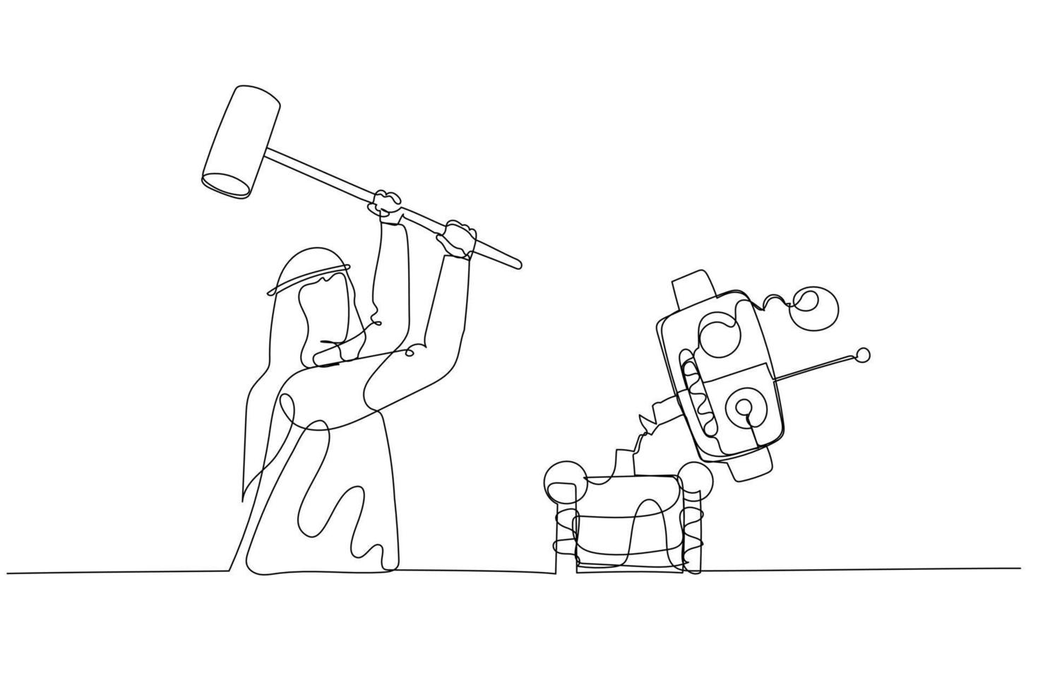 Drawing of arab businessman destroying robot with hammer. Concept of human resource vs AI artificial Intelligence. Single continuous line art style vector