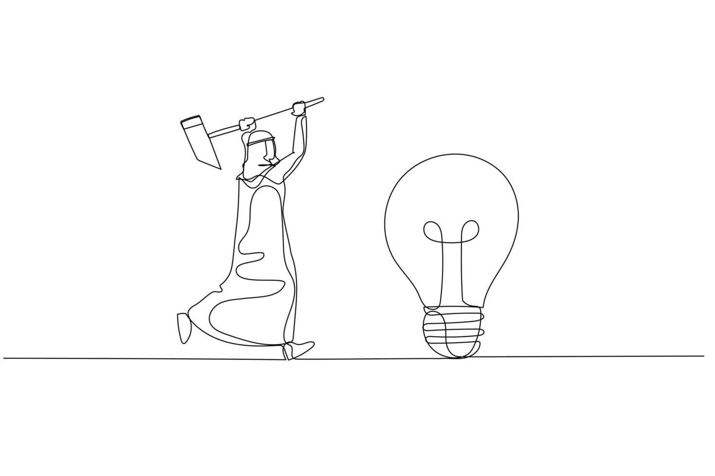 Cartoon of arab businessman with hammer try to break lamp. Concept of idea generation. One continuous line art style vector