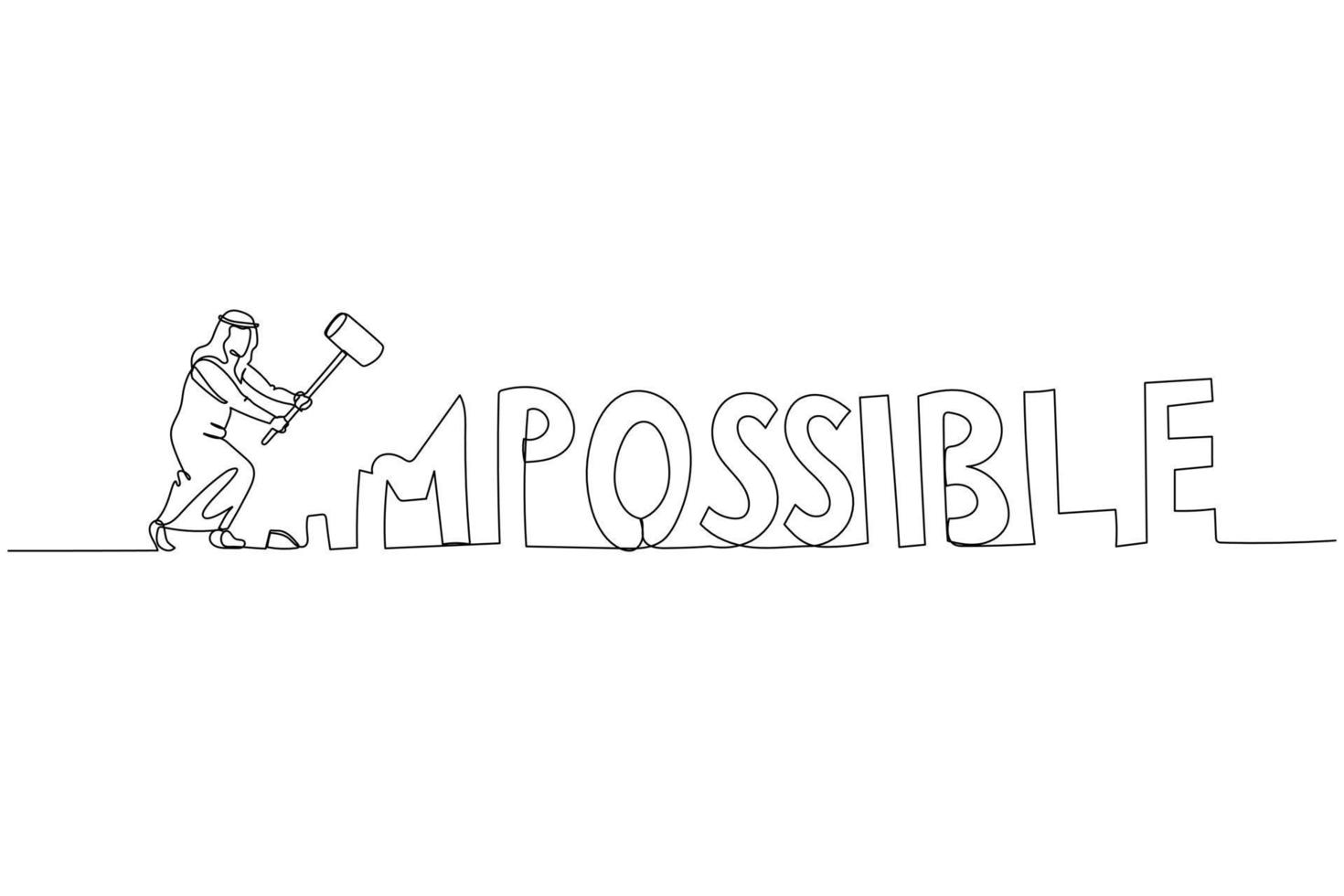 Illustration of arab businessman destroy impossible make it to possible. Concept of optimism. Single line art style vector