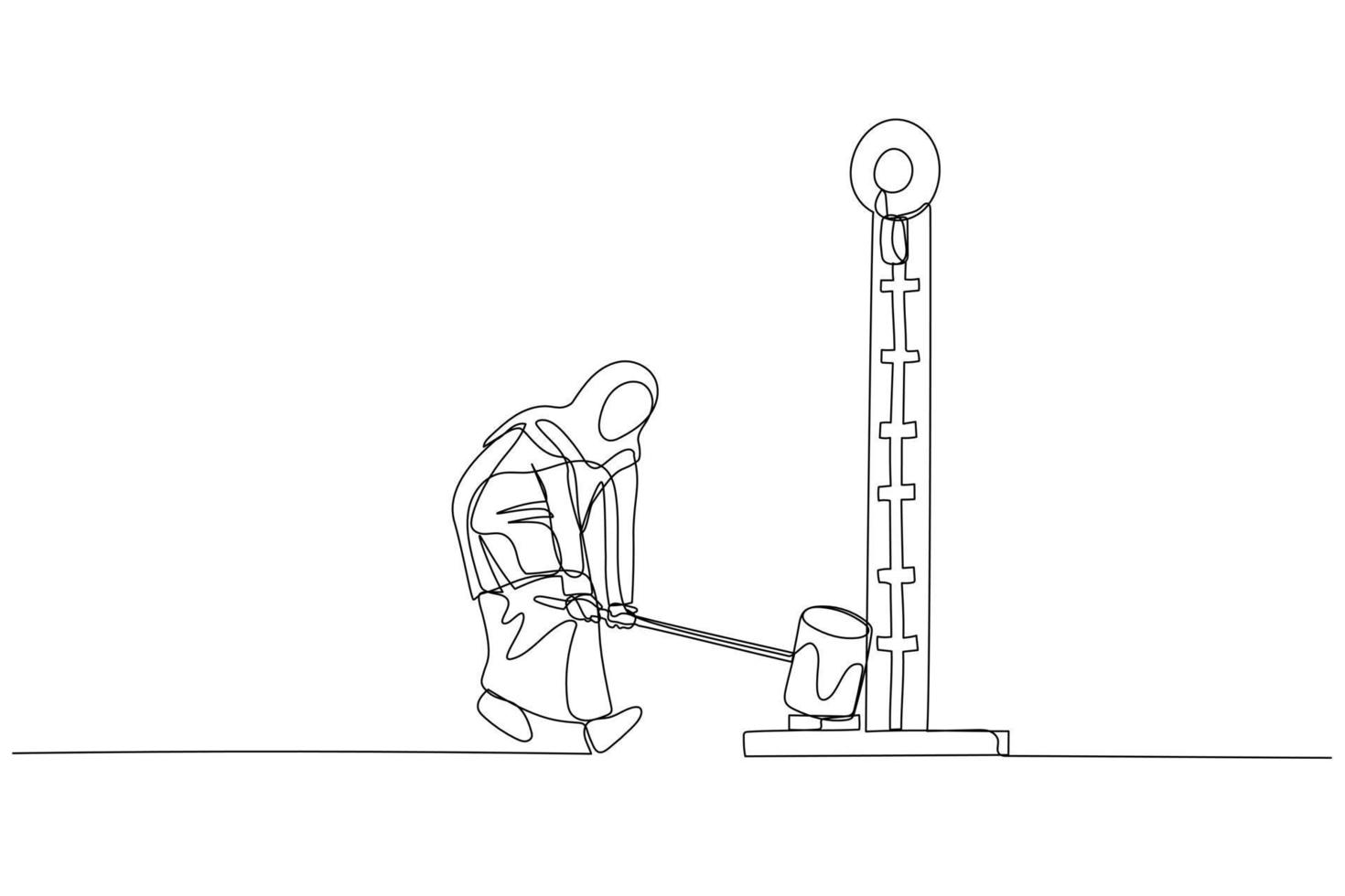 Drawing of muslim woman hitting strength measurement tool. Concept of power estimation. Single line art style vector