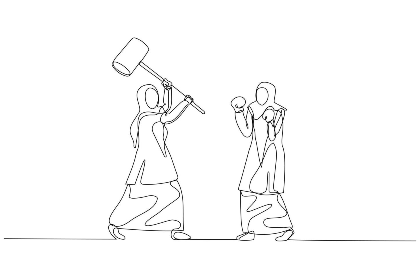 Drawing of muslim woman try to fight colleague with blunt weapon. Concept of human resource competition. Single line art style vector