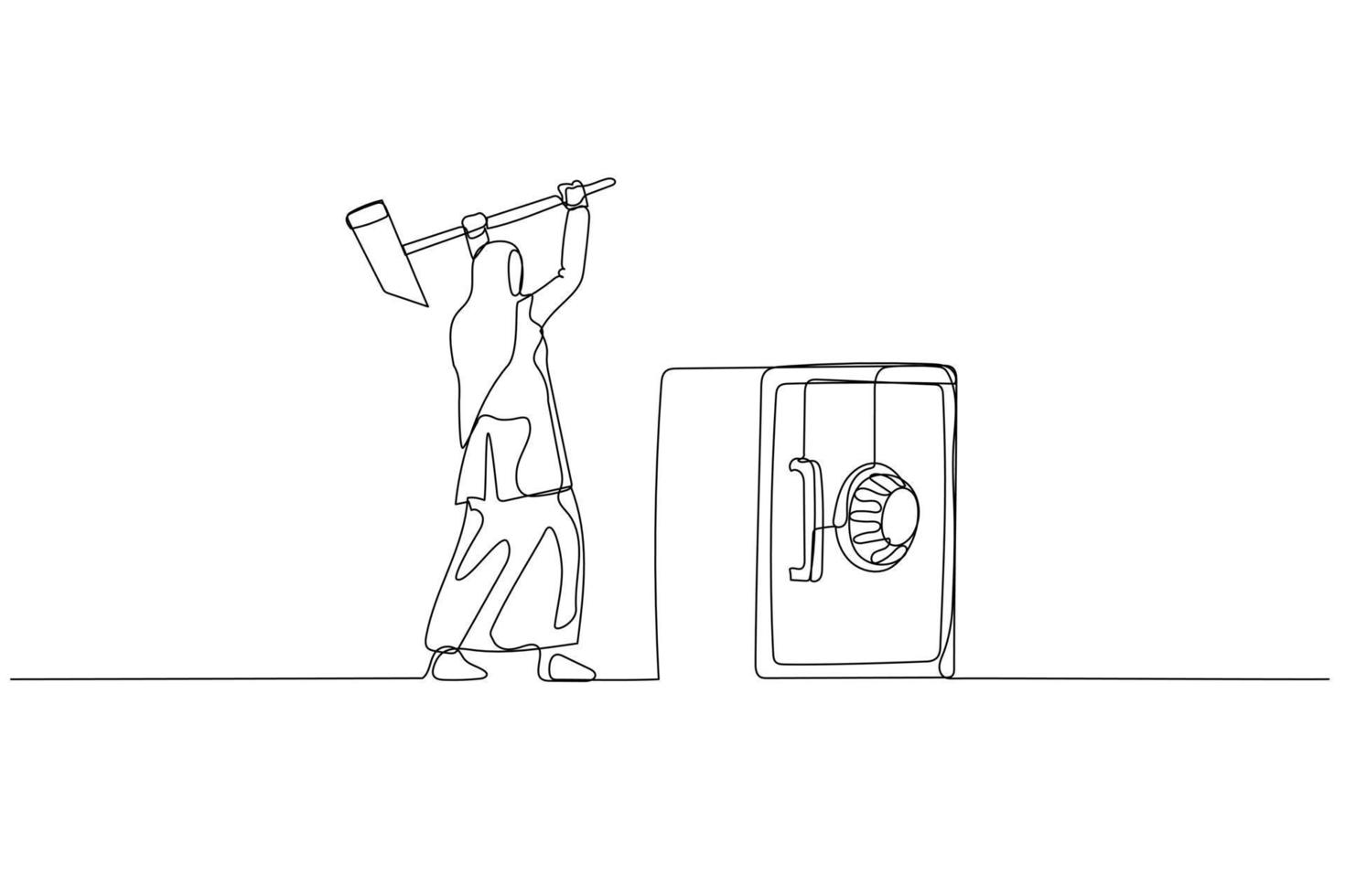 Cartoon of muslim woman try to break safety deposit box with hammer. Concept of crime. Single continuous line art style vector