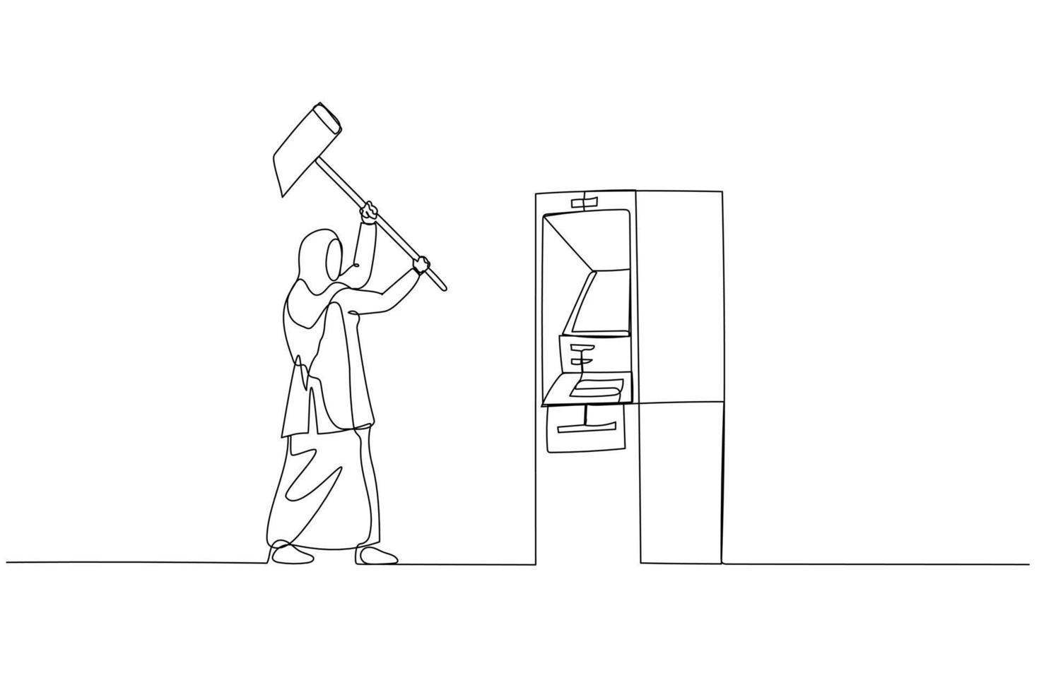 Illustration of muslim woman with hammer try to smash ATM machine. Concept of illegal earning. One line art style vector