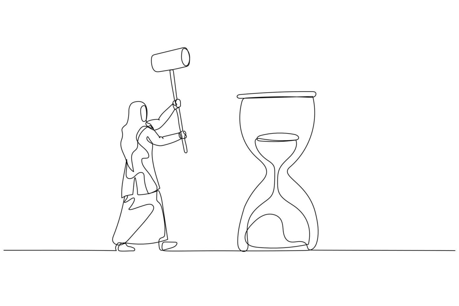 dibujo de musulmán mujer con martillo tratar a golpear reloj de arena. concepto de hora gestión. uno continuo línea Arte estilo vector