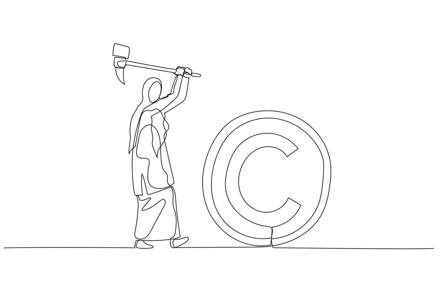 Drawing of muslim woman with hammer try to smash COPYRIGHT sign. Concept of copyright infringement. One line style art vector