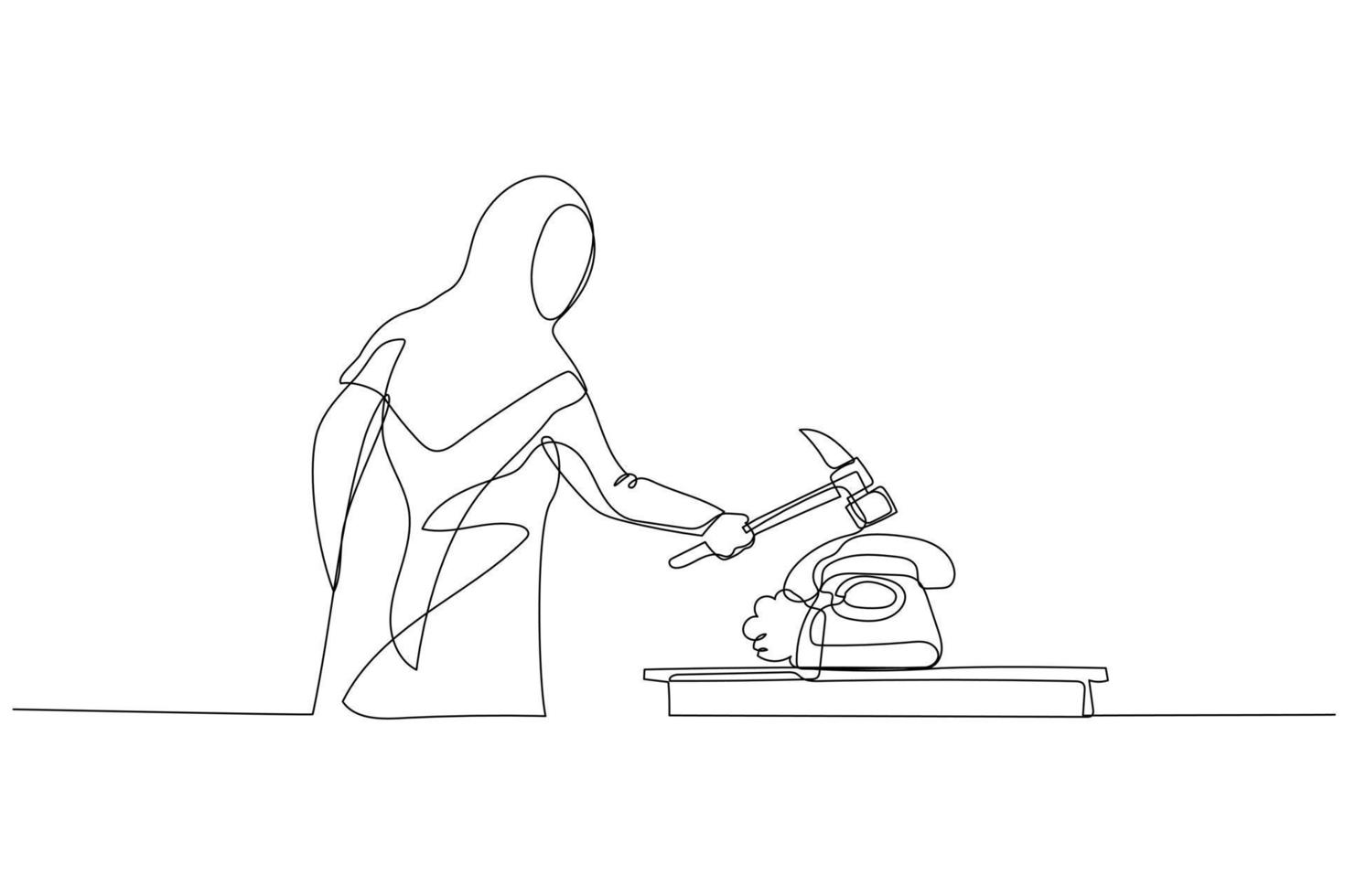 Cartoon of muslim woman with hammer smashing telephone. Concept of furious. Continuous line art style vector