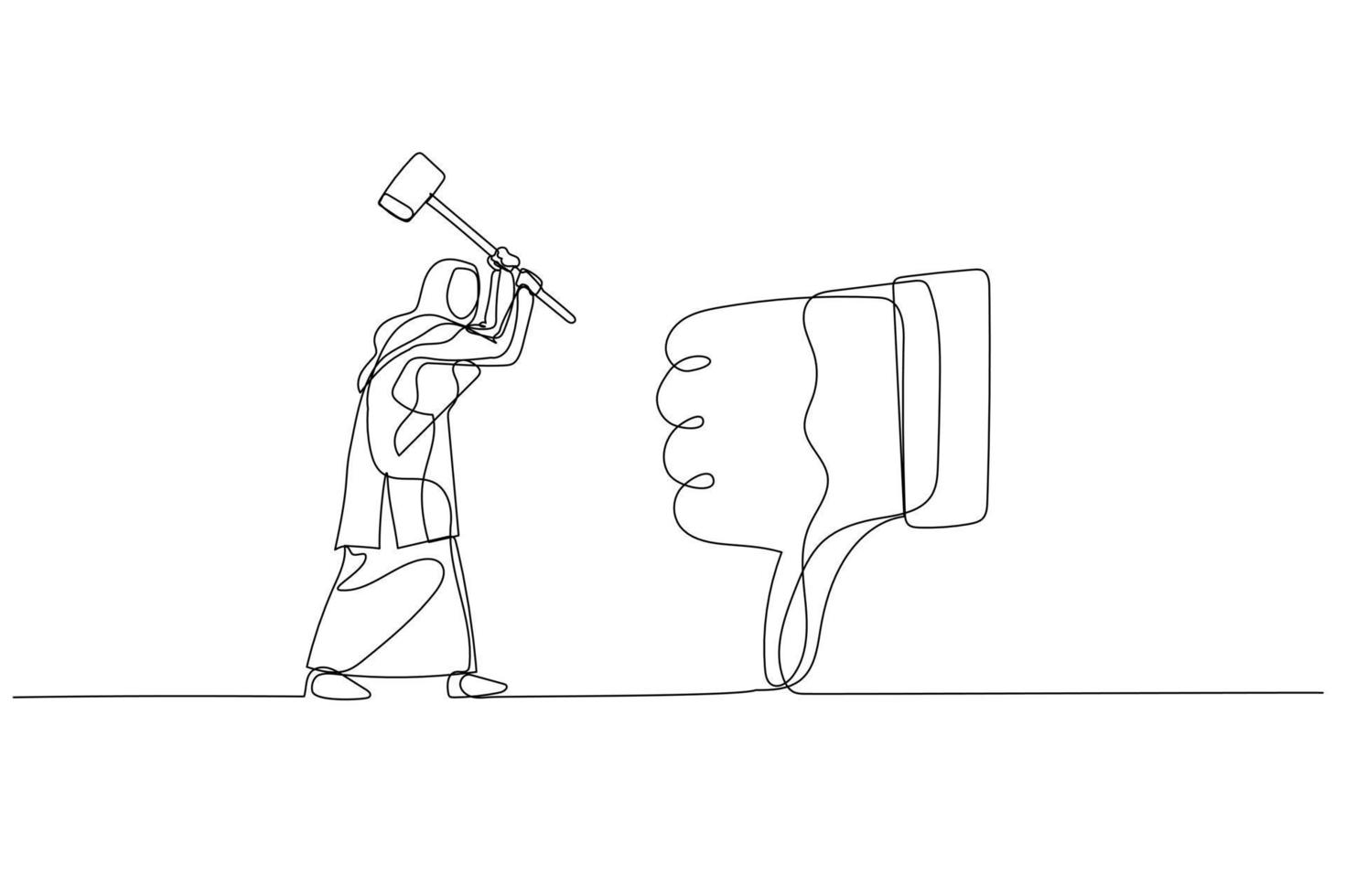 Cartoon of muslim woman with hammer try to smash thumb down mark. Concept of business feedback. Single line art style vector