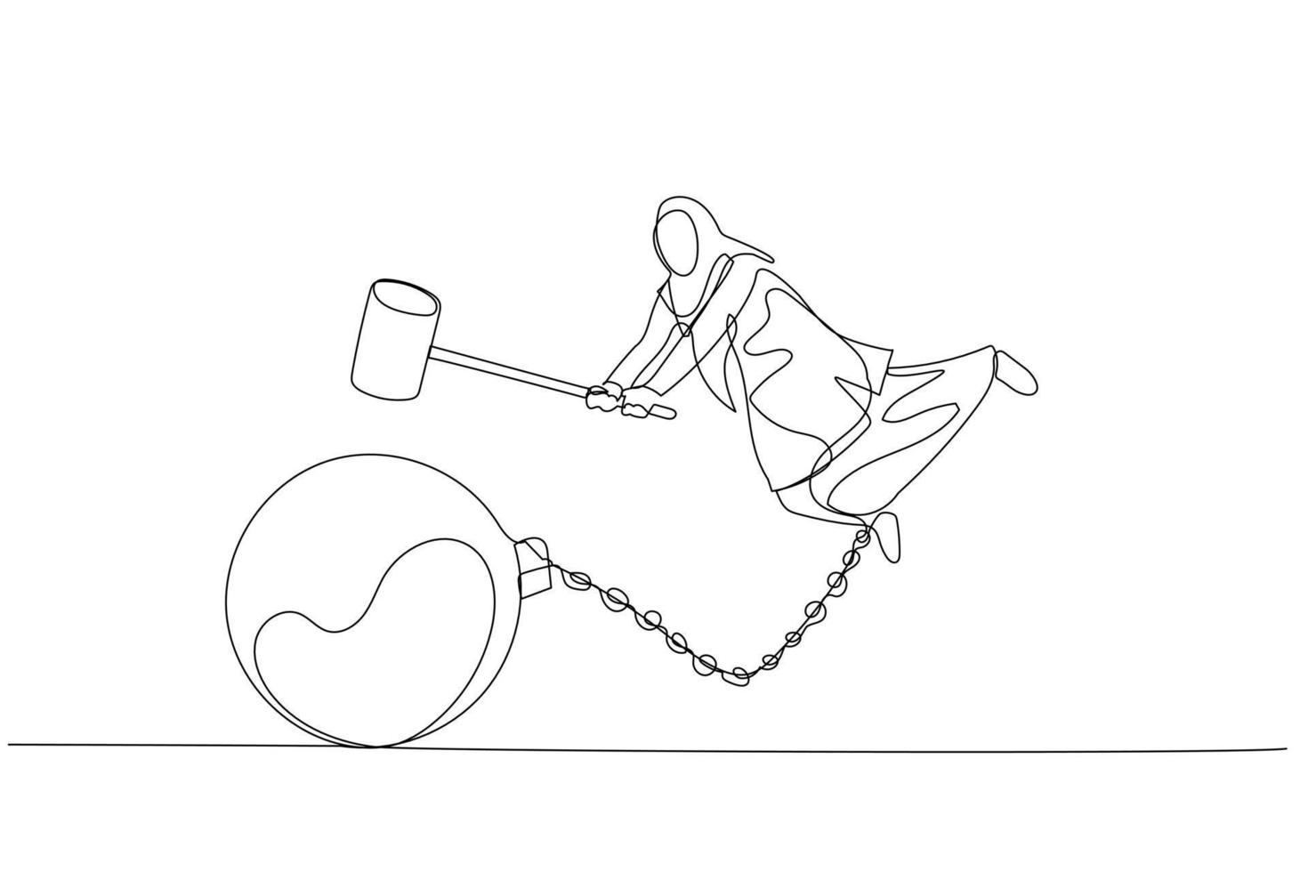 Cartoon of muslim woman smash chain steel ball with hammer. Concept of break free. Single continuous line art style vector