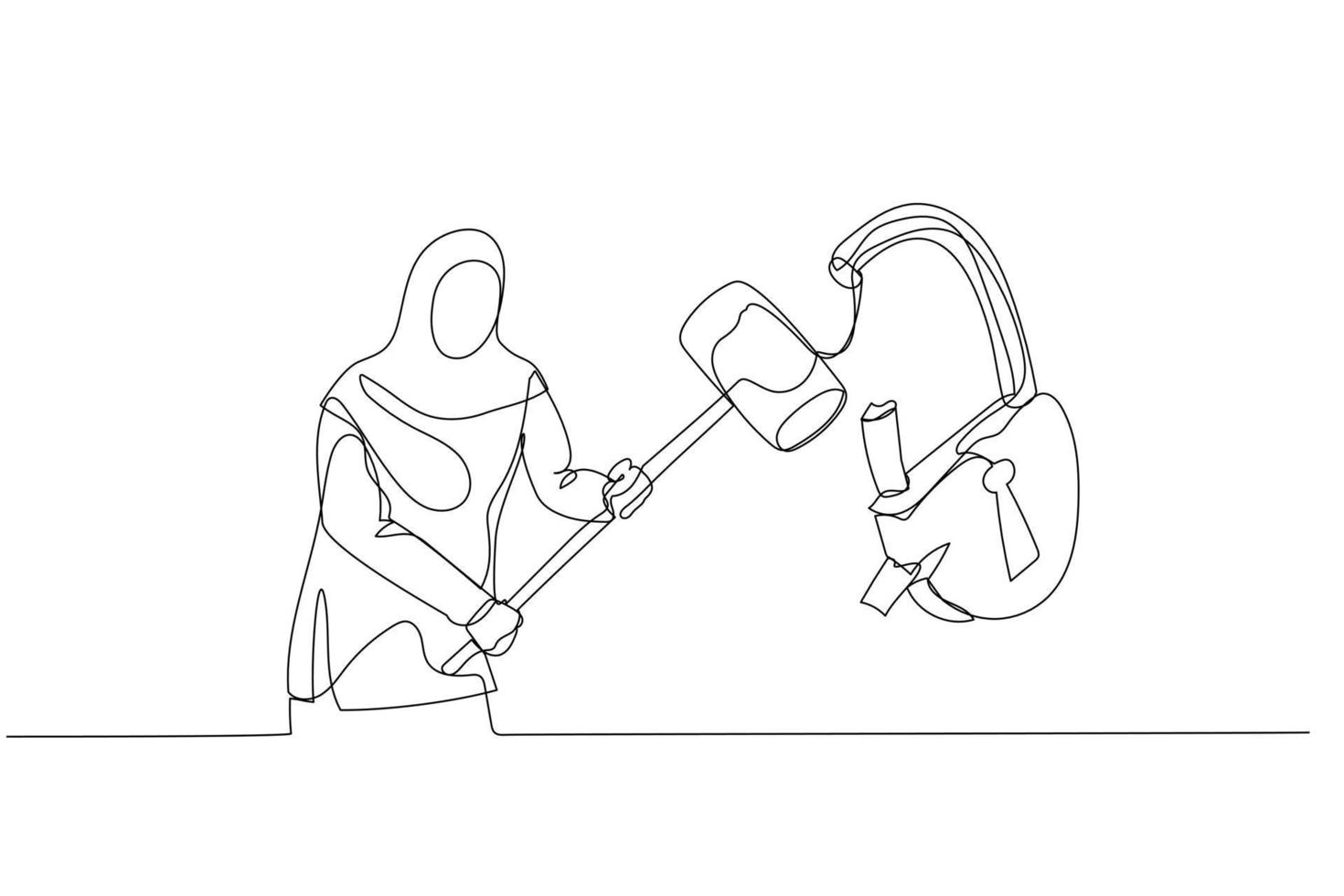 Illustration of muslim woman with hammer smash padlock. Concept of problem solving. Single continuous line art style vector