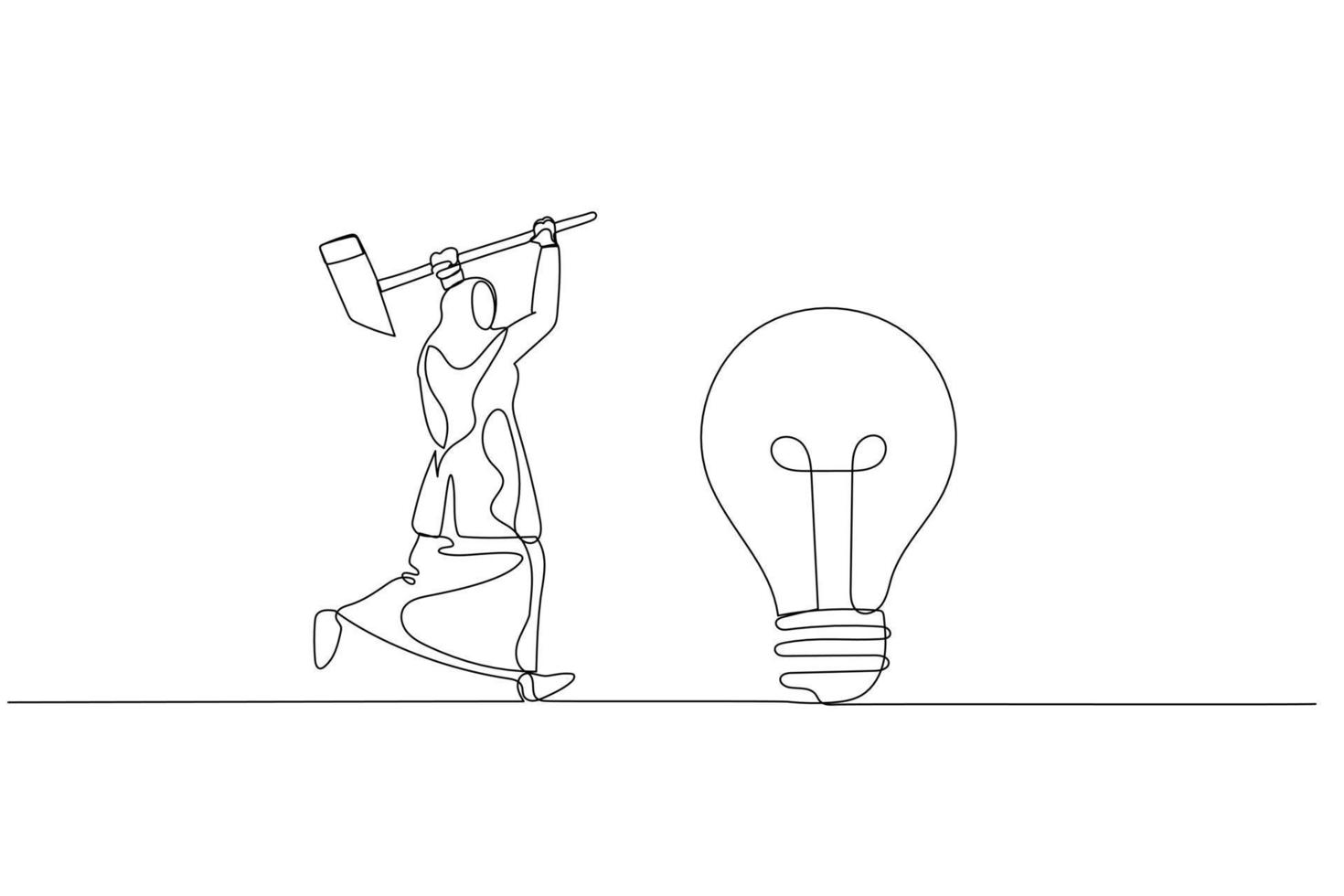 Cartoon of muslim woman with hammer try to break lamp. Concept of idea generation. Single line art style vector