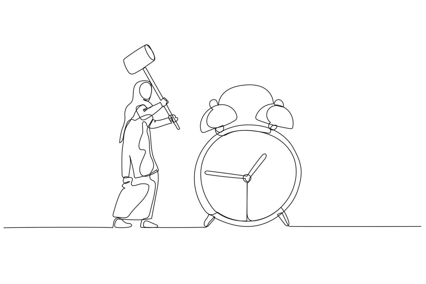 Illustration of muslim woman with hammer try to break alarm clock. Concept of deadline. Continuous line art style vector