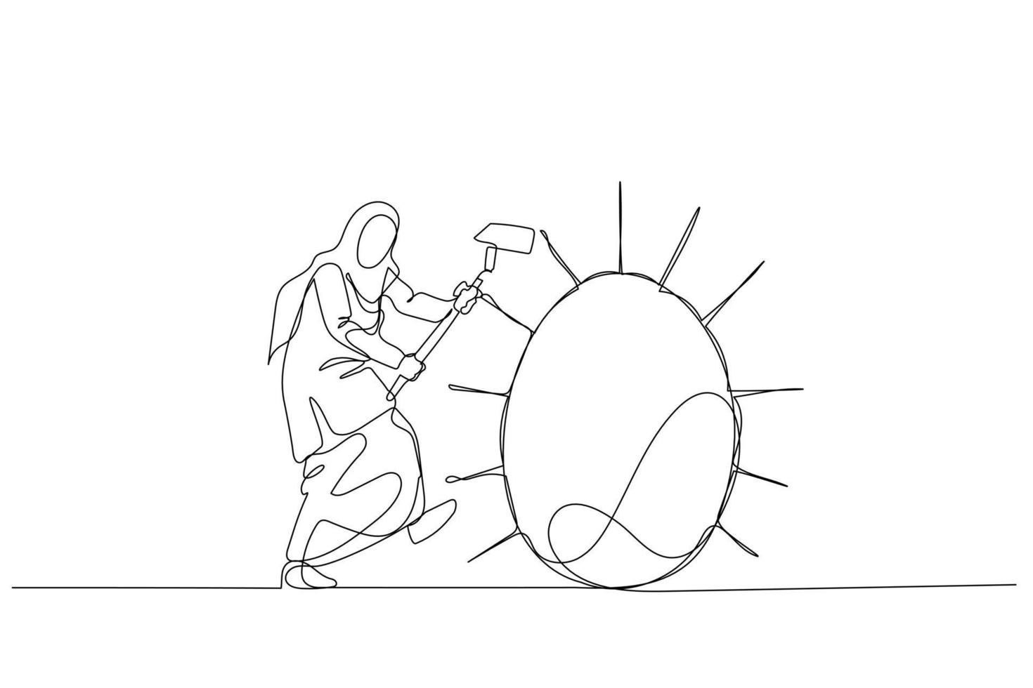 Drawing of muslim woman try to hit giant golden egg. Concept of business success and tough luck. One line art style vector