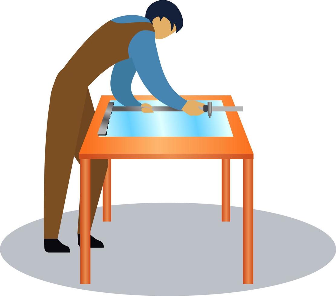 Glazier making a mirror, glass maker cutting glass on the table vector illustration, glazier vector illustration, professional glass worker