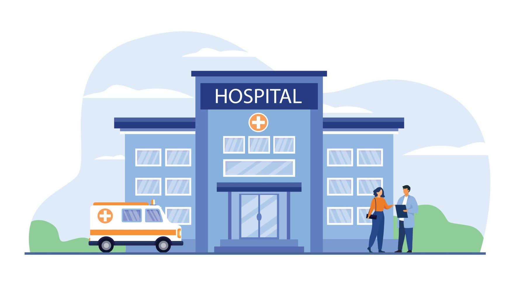 Medical care and health center concept. City hospital building with ambulance car in flat design. Patient talking to doctor at entrance, ambulance car parked at hospital. vector