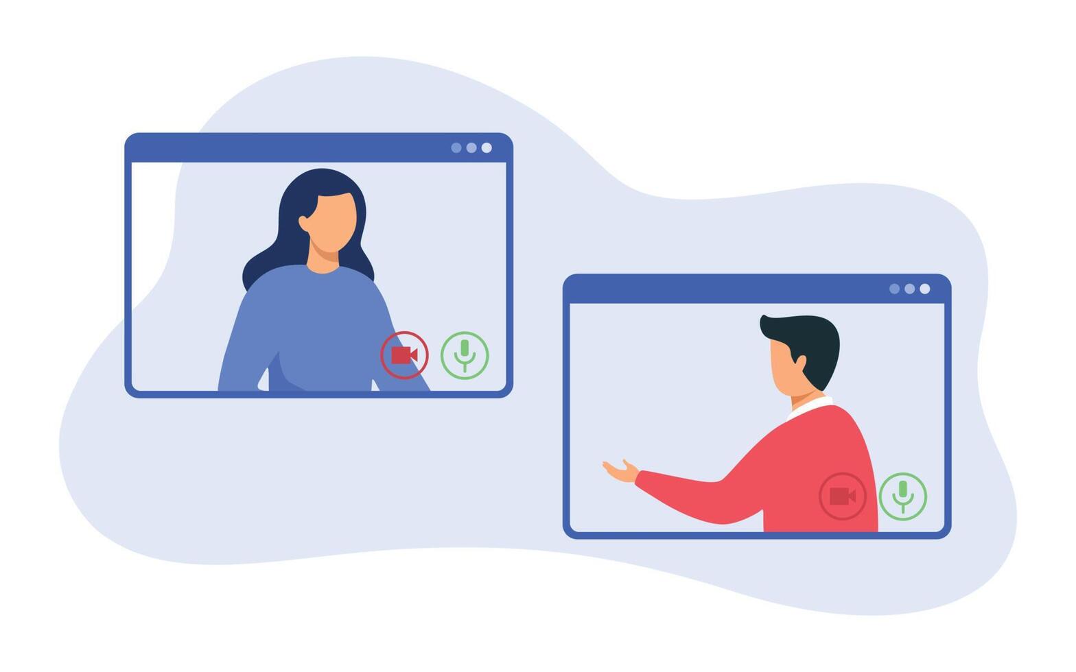 Video call conference vector illustration concept. Video call conference, working from home, social distancing, business discussion, and job interview. Isolated in the background.