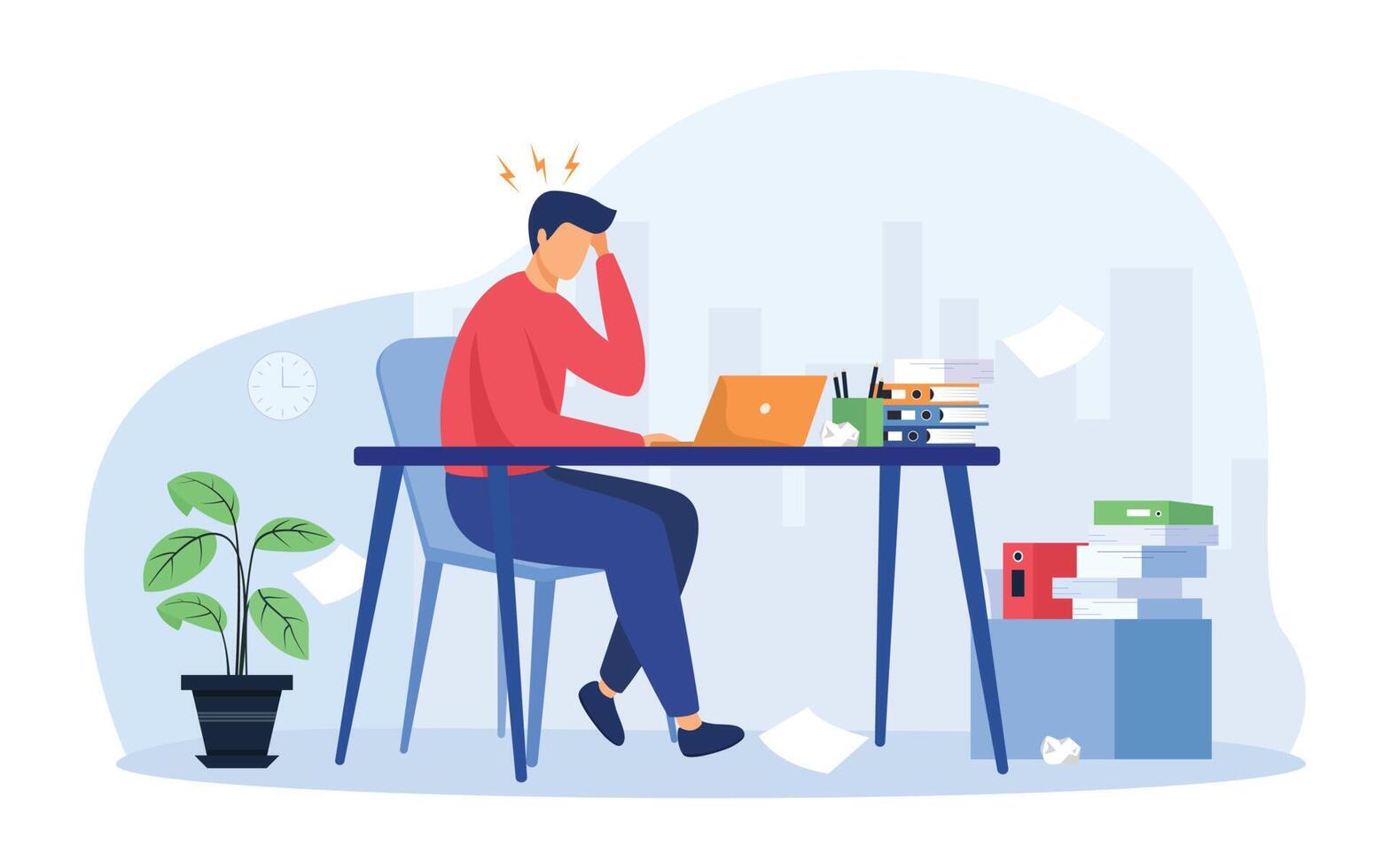 Tired man because overworked working at laptop near pile of folders and throwing papers. Vector illustration for stress at work.