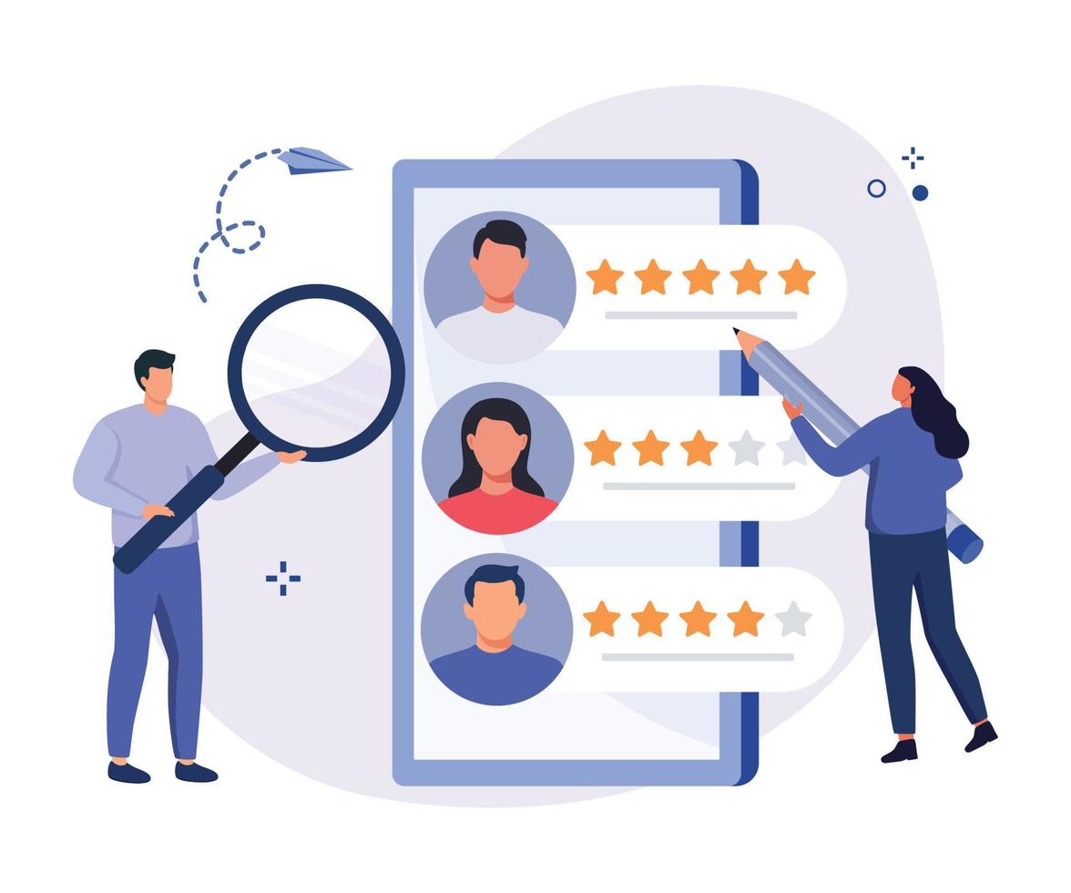 Job recruitment process concept. HR managers searching job candidates with positive feedback. Characters applying for work position. Vector illustration.