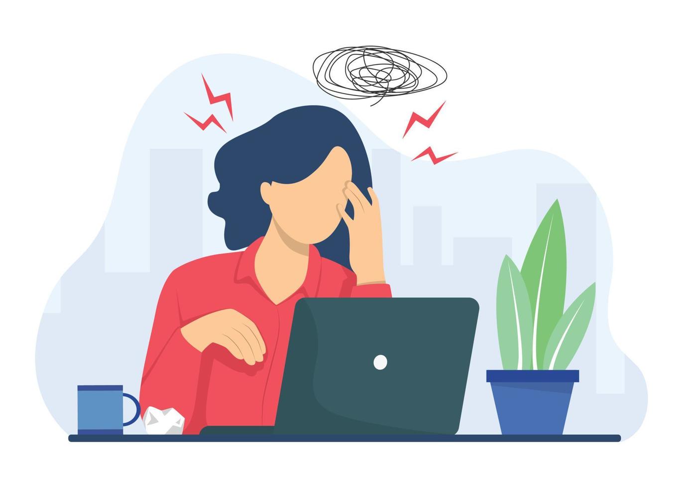 Sad, tired or exhausted woman at office. Stressful work, Stress at workplace. Busy business woman, project failure and workaholic. Vector illustration.