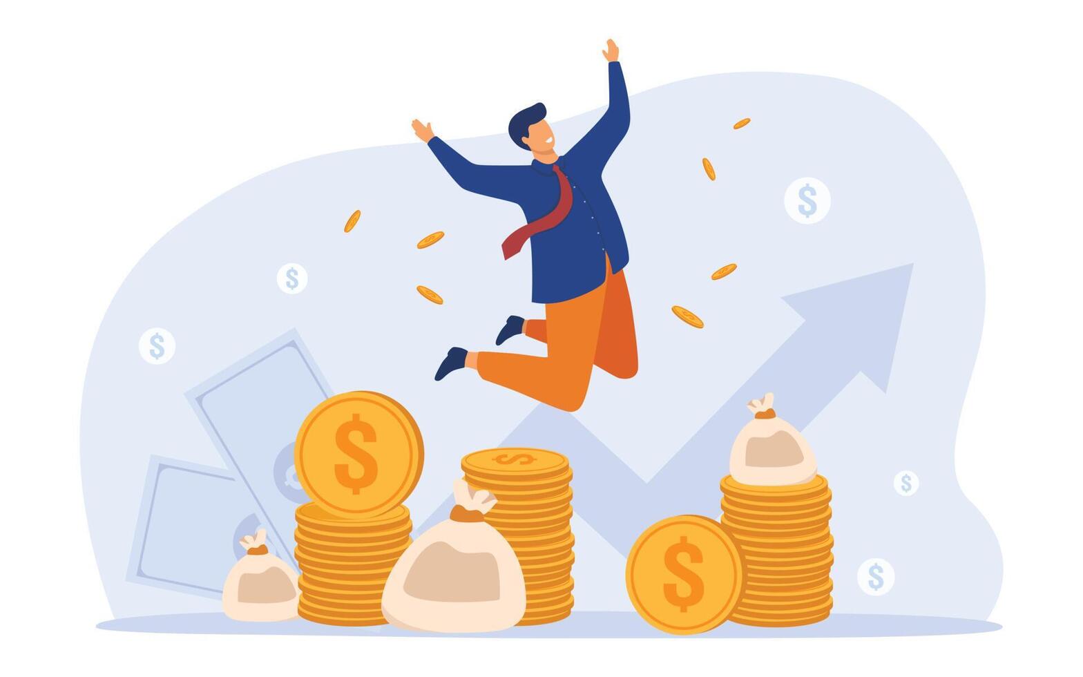 The success of a startup. A man celebrating income growth and success in stock market trading or business. Vector illustration for money, finance and millionaire concept.