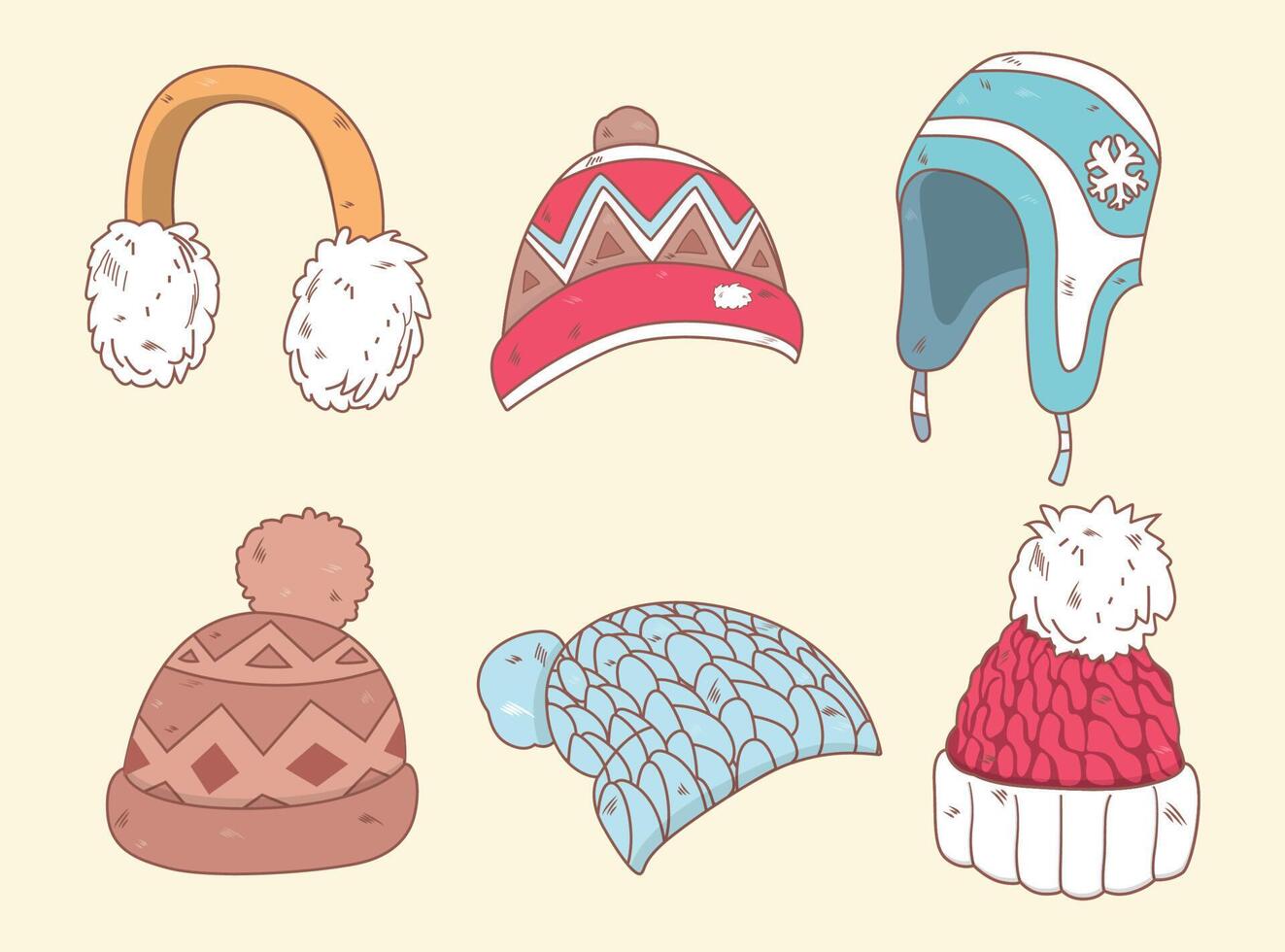 Cute vector winter hats set. Design elements for a winter greeting card for New year or Christmas. Vector Illustration.