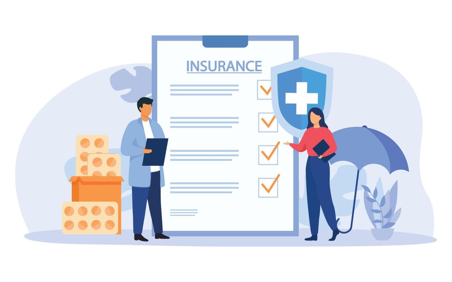 Health insurance concept. Big clipboard with document and umbrella  in flat design. Healthcare, finance and medical service. Vector illustration about health insurance.