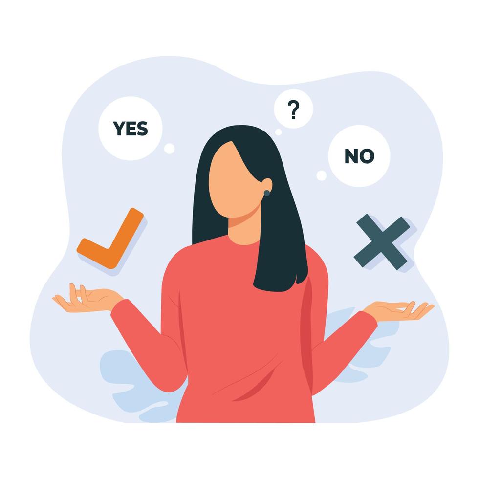 Concept of choice, selection, answer, reply, accept of refuse. Young girl standing confusedly to choose YES or NO. Vector illustration.