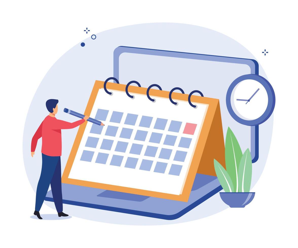 Time, schedule and business management concept. Businessman planning work tasks and making schedule using calendar. Vector illustration.