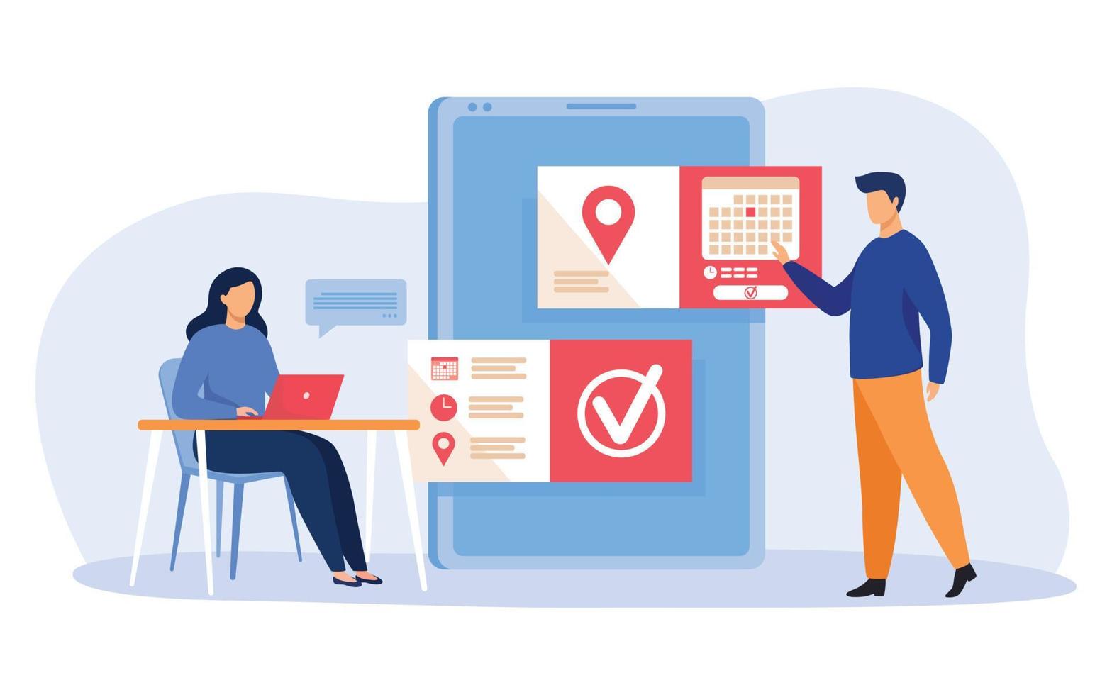 People using online appointment concept. Modern flat vector illustration of a Man and woman planning meeting, setting date in mobile interface. Suitable for business, internet technology concept.