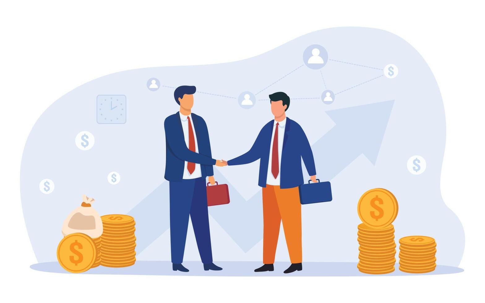 Bussines partners handshakes in vector illustration.  Bussines agreement and regulations concept. Vector businessmen concluding agreement for success.