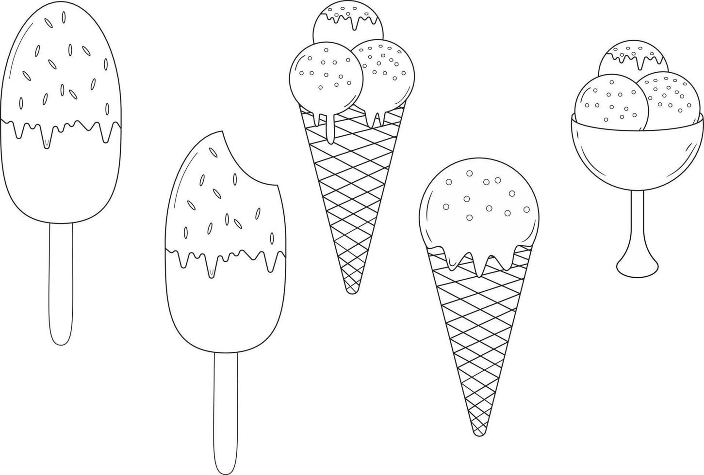 Hand drawn set of ice cream doodle. sweet desserts. Eskimo, waffle con e sketch style vector illustration isolated on white background for cafe or restaurant menu.