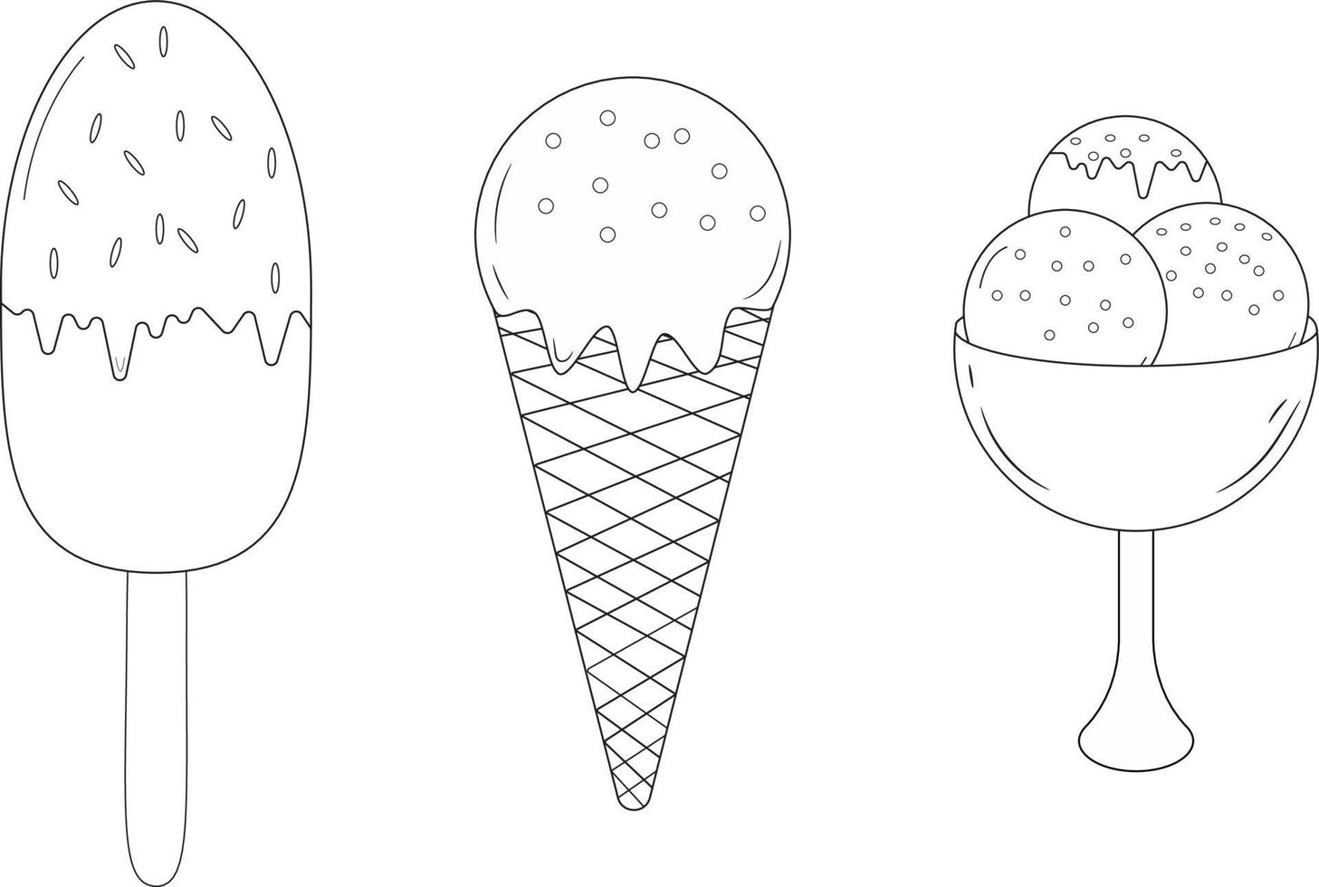 Hand drawn set of ice cream doodle. sweet desserts. Eskimo, waffle con e sketch style vector illustration isolated on white background for cafe or restaurant menu.