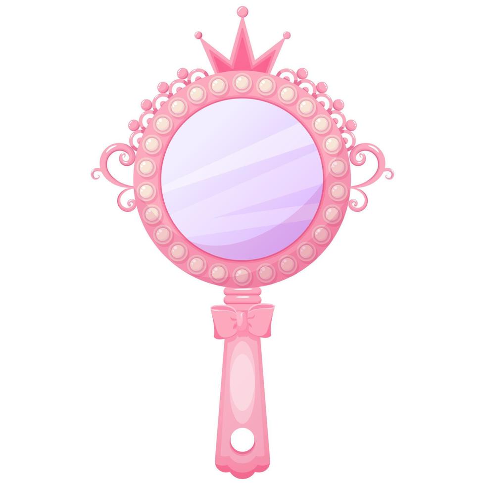 Cute pink princess hand mirror with crown. Antique accessory. Cartoon baby queen decor. Vector illustration.