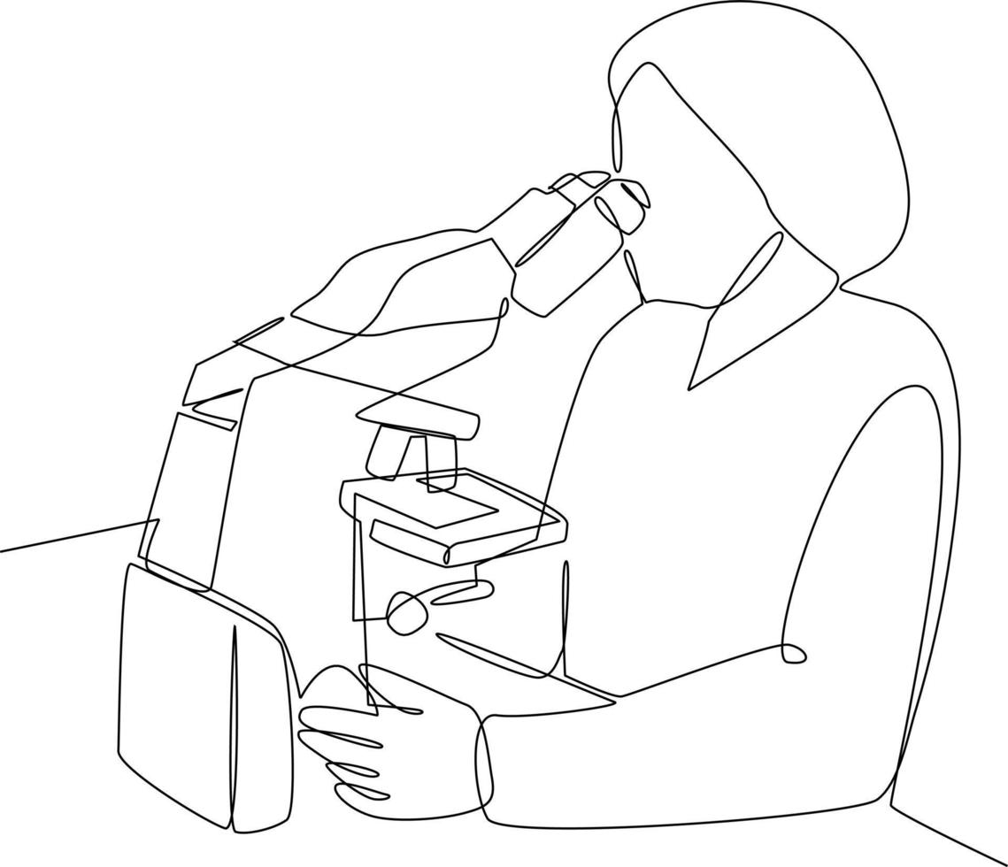 Continuous one line drawing scientist doing some research. laboratory activity concept. Single line draw design vector graphic illustration.