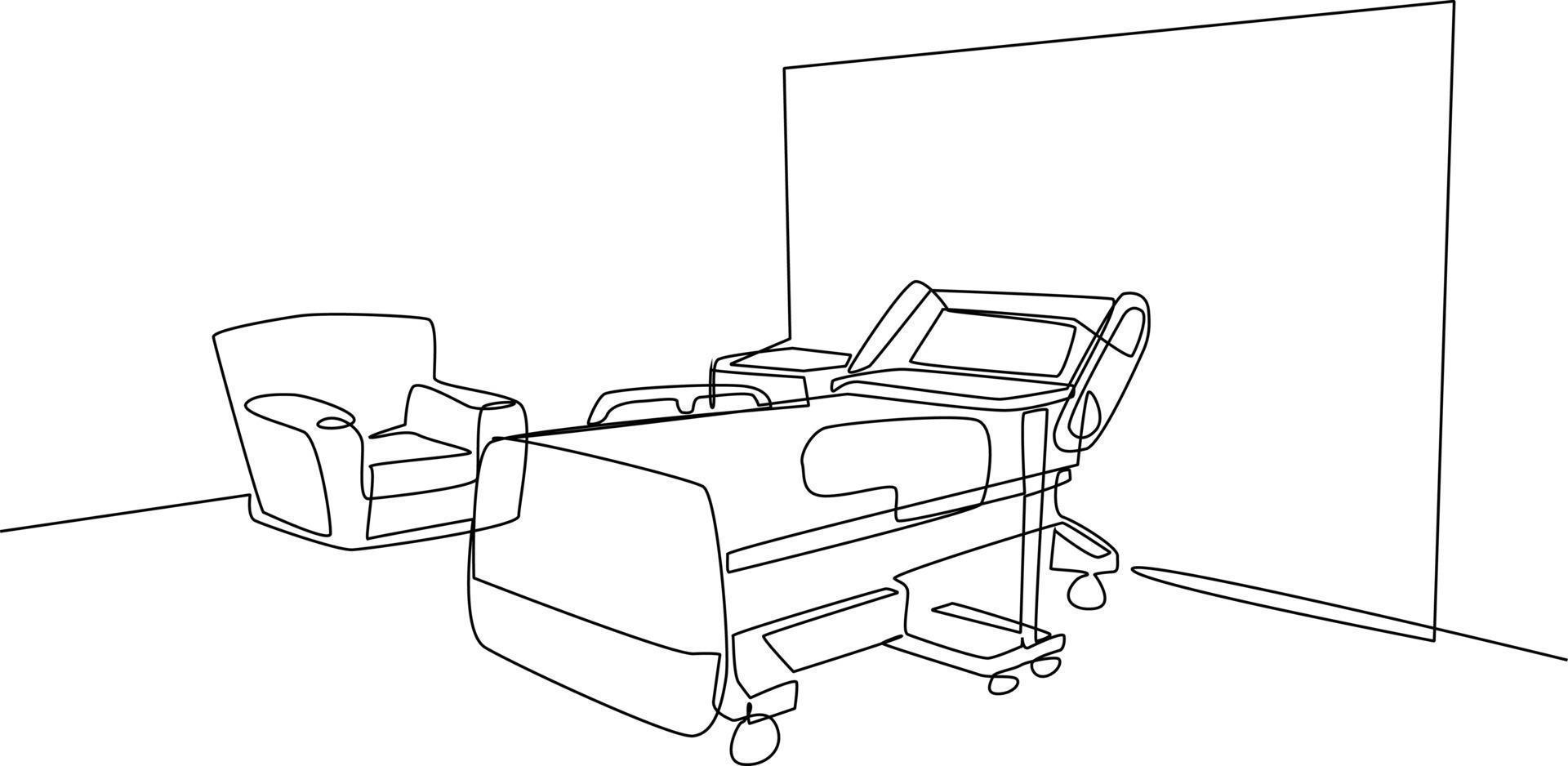 Single one line drawing Hospital room interior with bed and clinic equipment. An empty hospital room concept. Continuous line draw design graphic vector illustration.