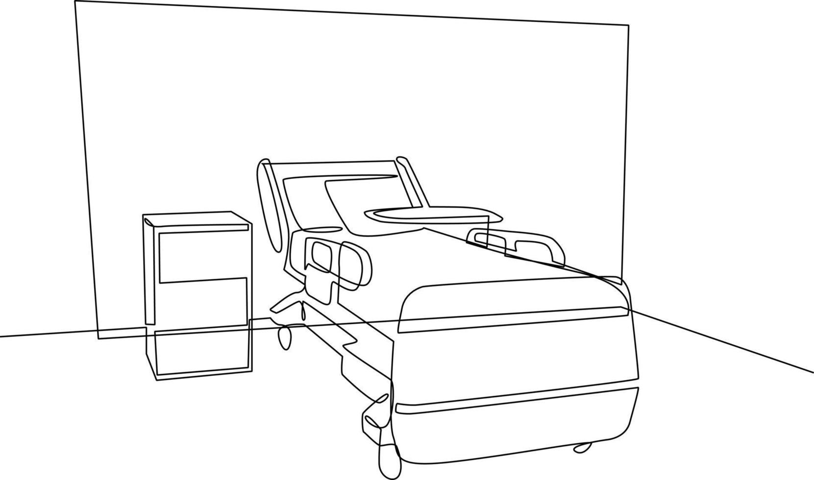 soltero uno línea dibujo hospital habitación interior con cama y clínica equipo. un vacío hospital habitación concepto. continuo línea dibujar diseño gráfico vector ilustración.