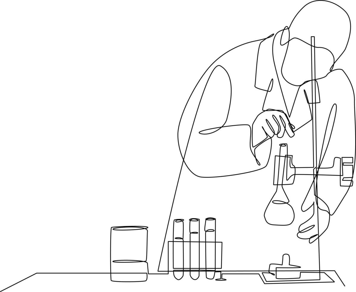 Continuous one line drawing scientist doing some research. laboratory activity concept. Single line draw design vector graphic illustration.
