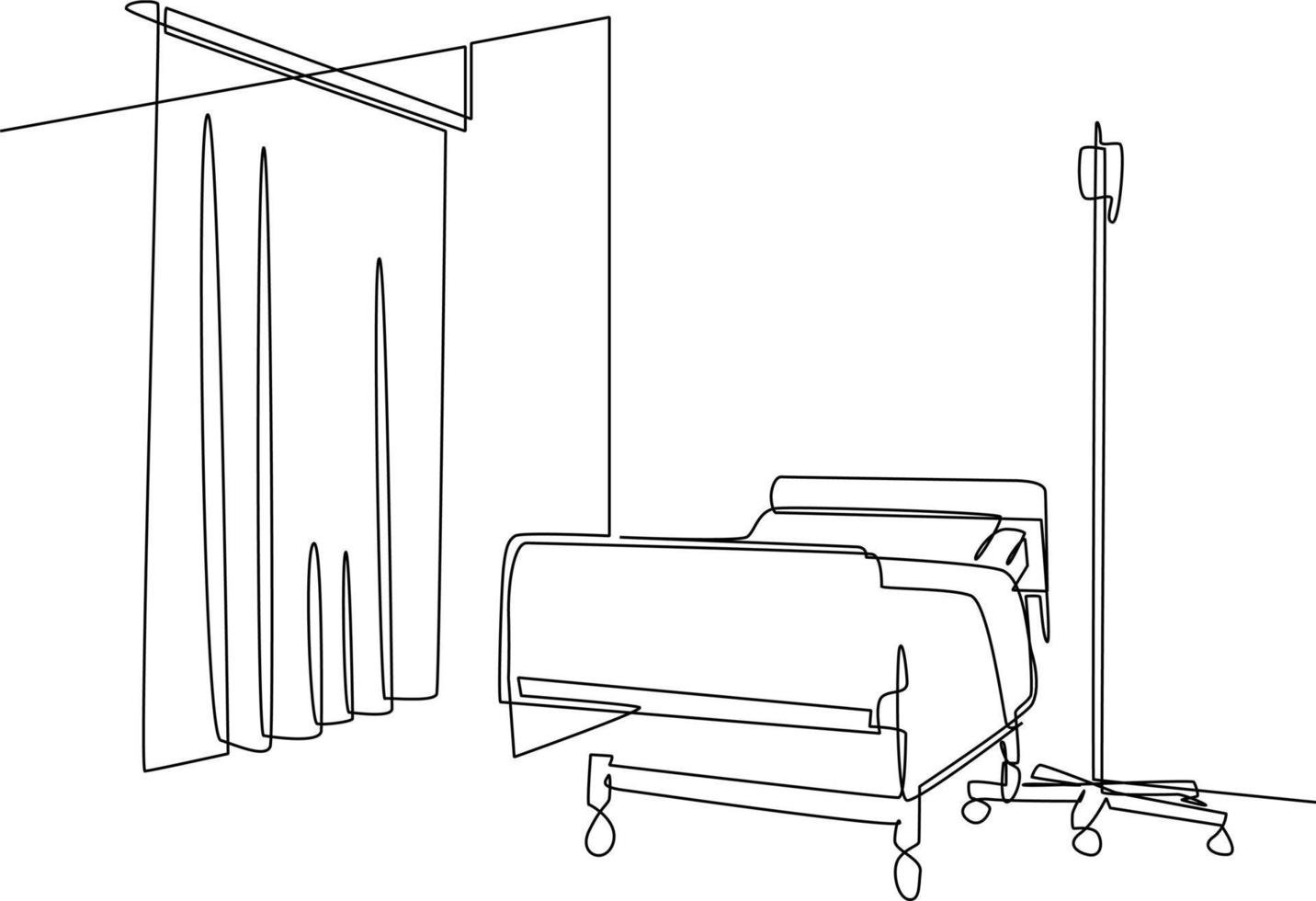 soltero uno línea dibujo hospital habitación interior con cama y clínica equipo. un vacío hospital habitación concepto. continuo línea dibujar diseño gráfico vector ilustración.