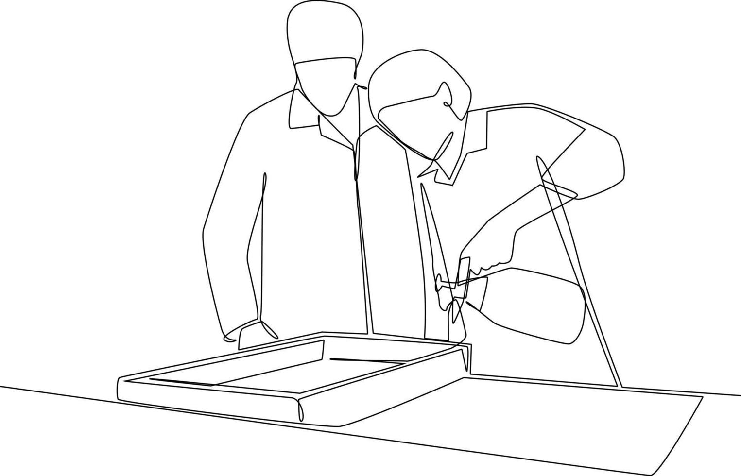 Continuous one line drawing scientist doing some research. laboratory activity concept. Single line draw design vector graphic illustration.