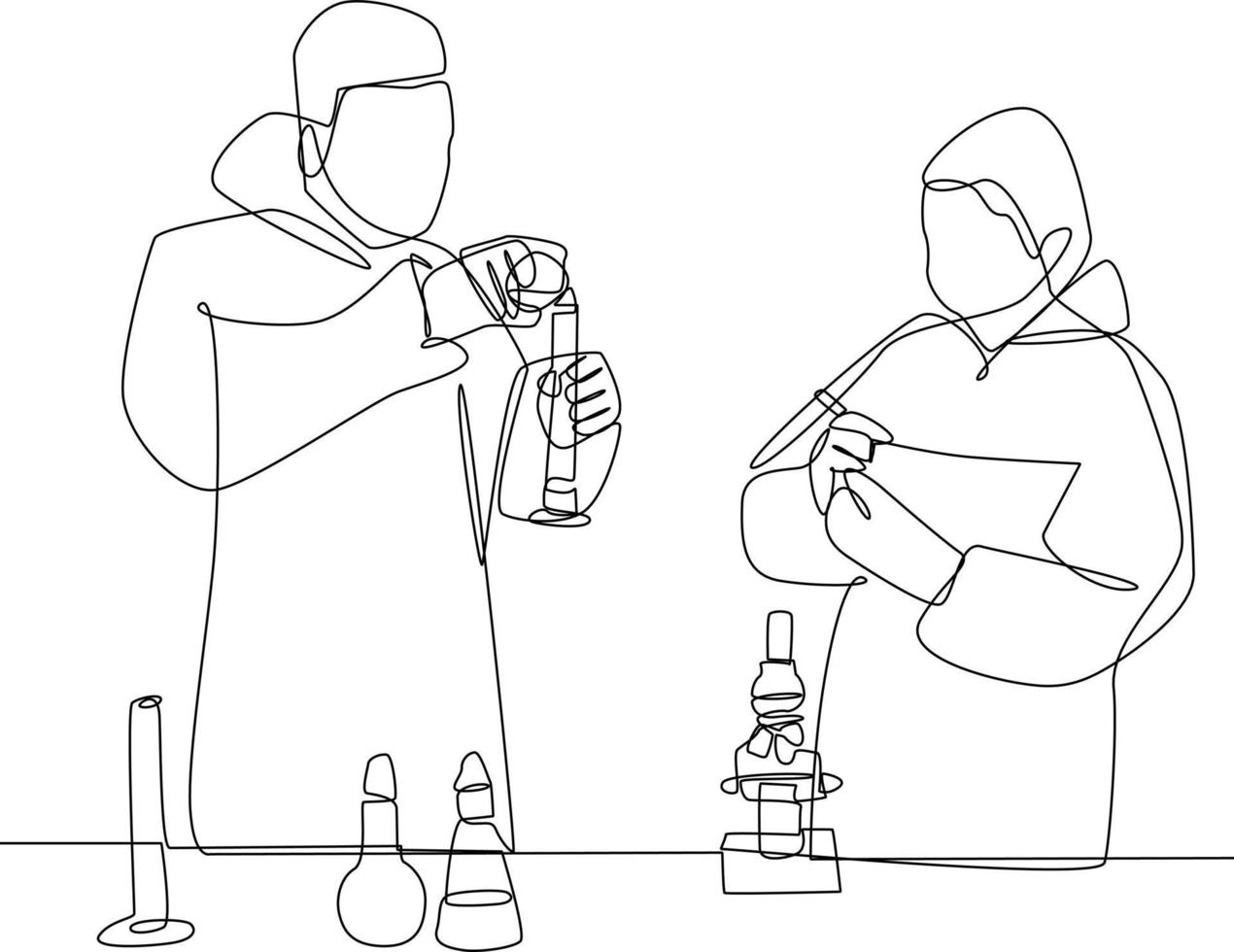 Continuous one line drawing scientist doing some research. laboratory activity concept. Single line draw design vector graphic illustration.